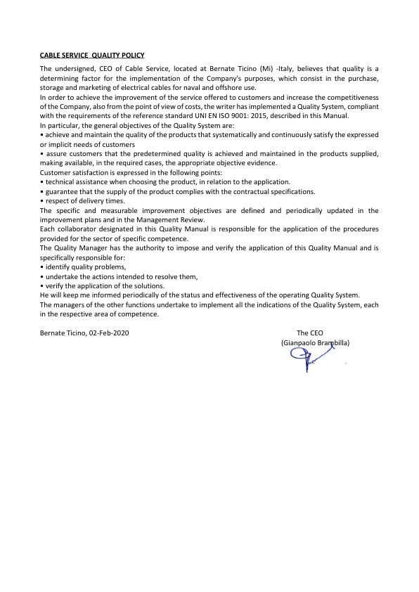 Politica qualita Cableservice eng