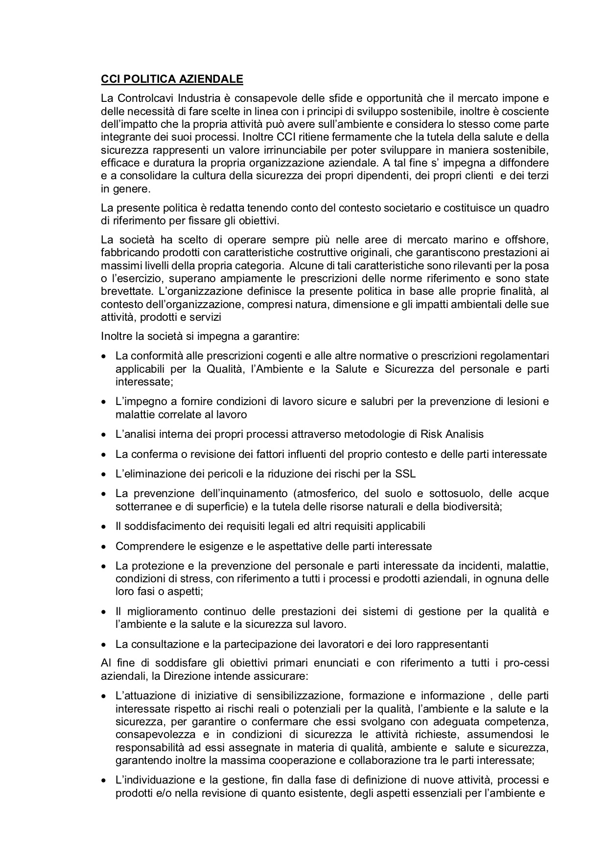 POLITICA CONTROLCAVI INDUSTRIA 1